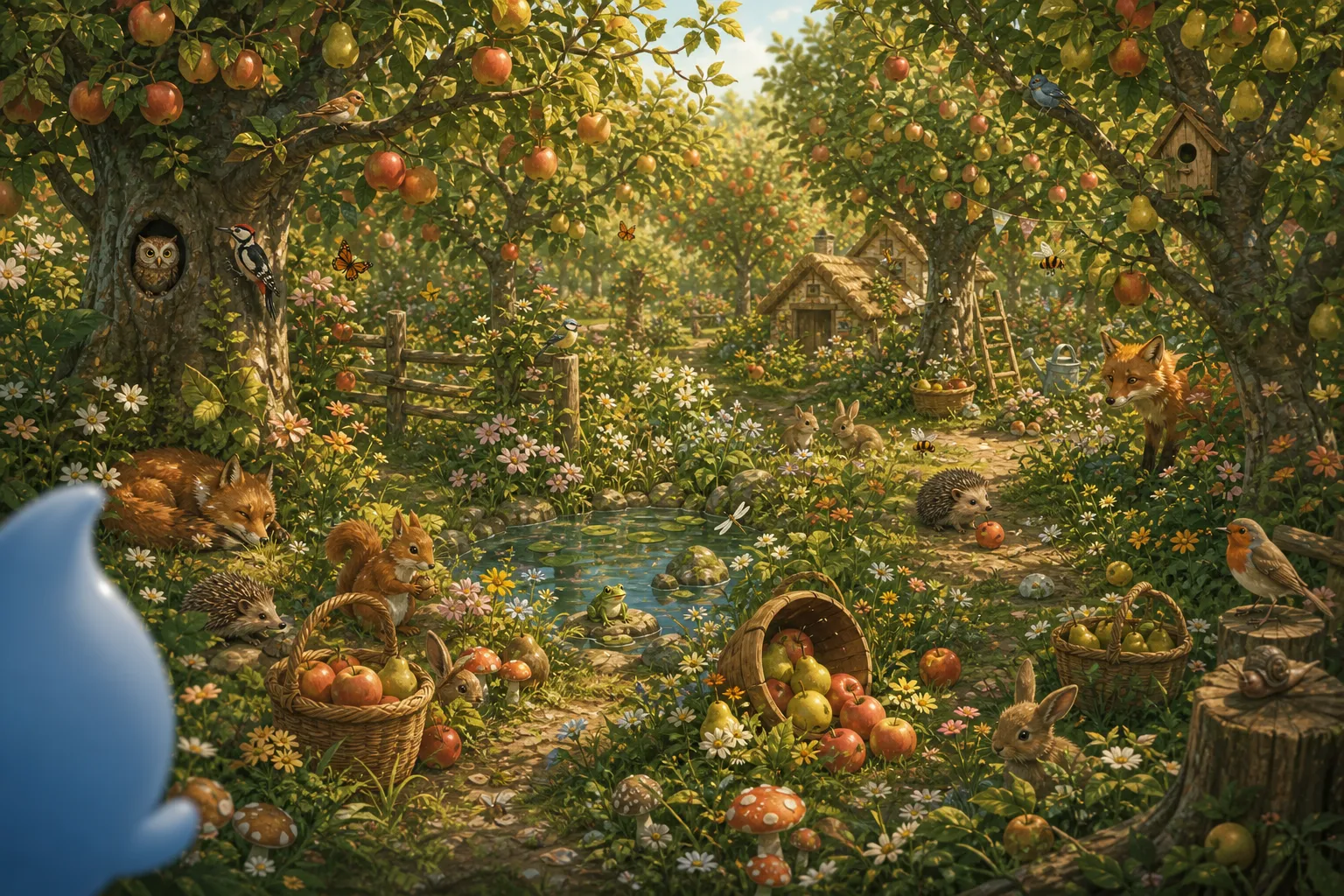Ausschnitt aus einem Plitsch-Wimmelbild: ein dichter Obstgarten voller Tiere und Details