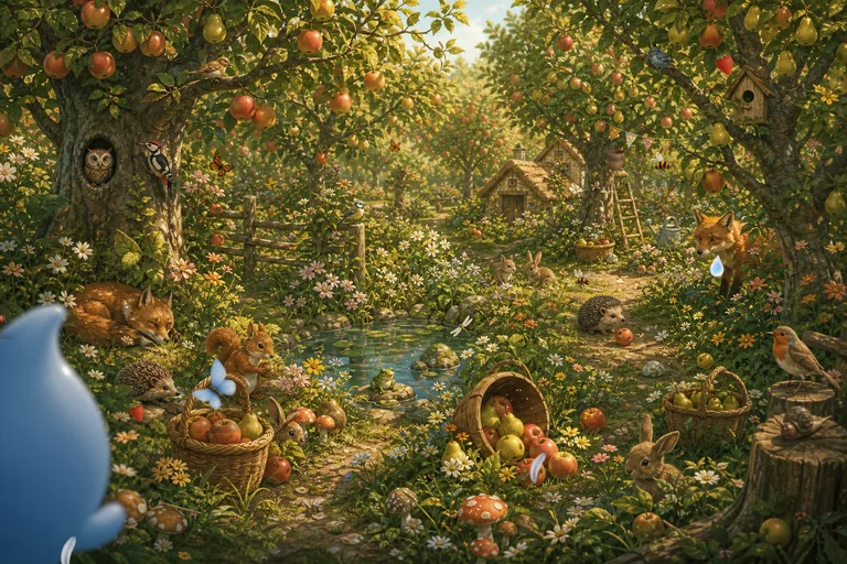 Illustrierte Szene: Der Obstgarten